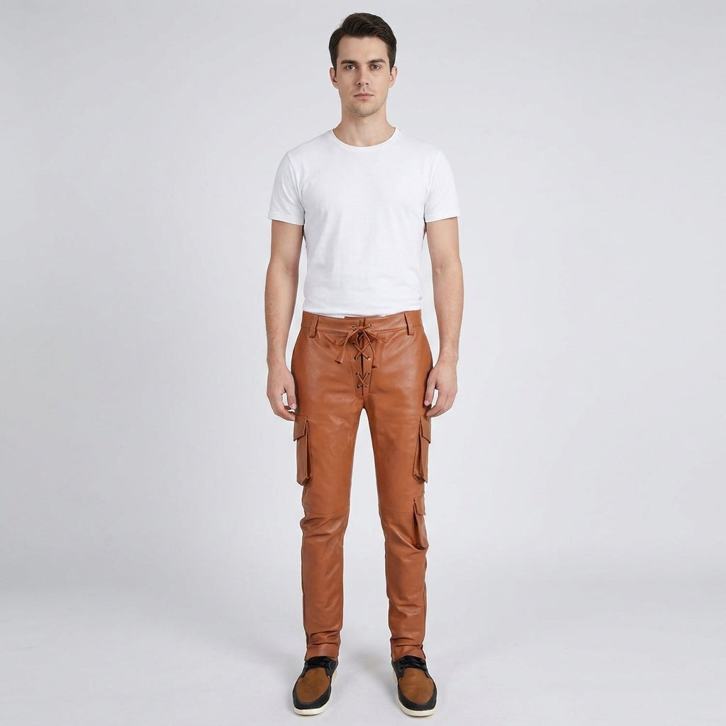 Men's Leather Pant In Tan Brown