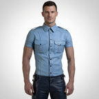 Men  Sleeve Police Style Lambskin Leather Shirt