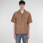 Men's Half Sleeve Suede Leather Shirt In Brown