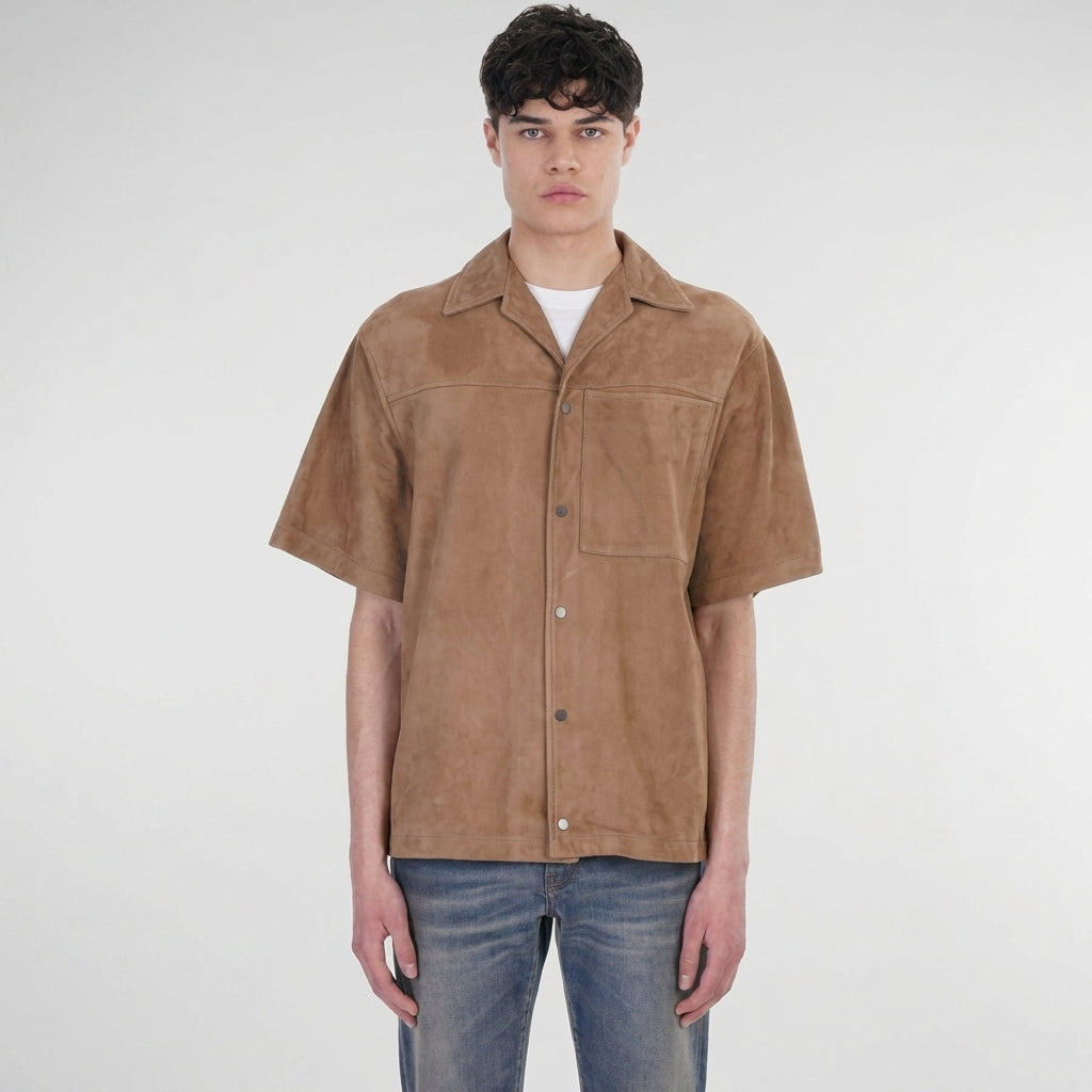 Men's Half Sleeve Suede Leather Shirt In Brown