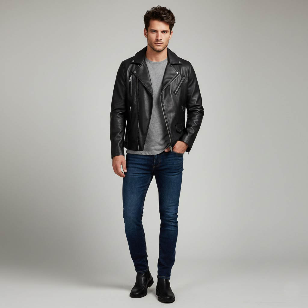 Men Black Faux Leather Motorcycle Jacket - Elvora Leather