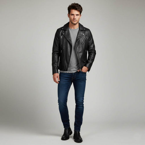 Men Black Faux Leather Motorcycle Jacket - Elvora Leather