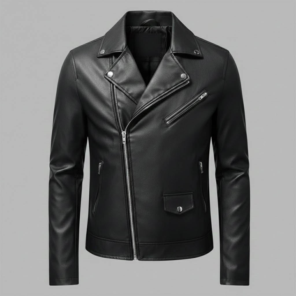 Men Black Faux Leather Motorcycle Jacket - Elvora Leather