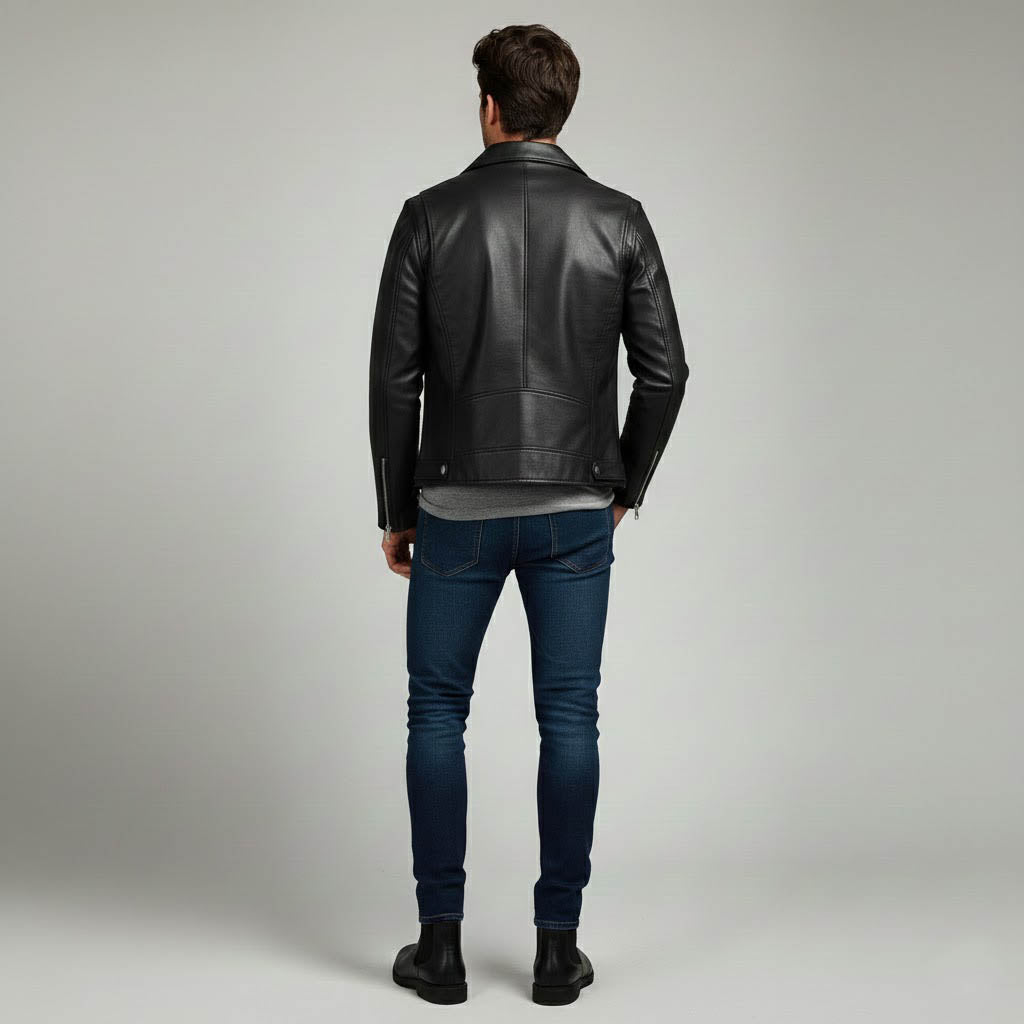 Men Black Faux Leather Motorcycle Jacket - Elvora Leather