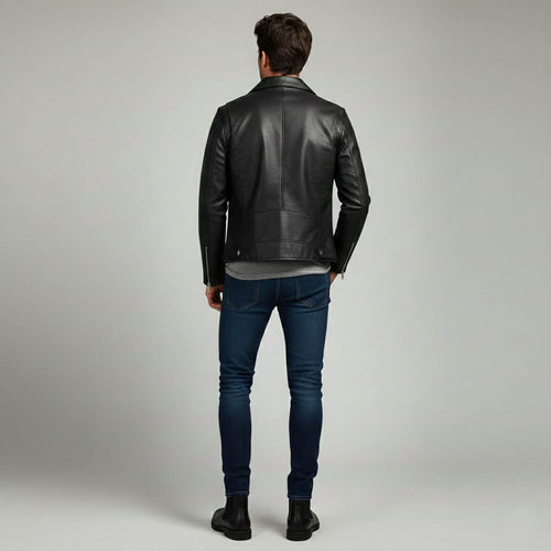Men Black Faux Leather Motorcycle Jacket - Elvora Leather