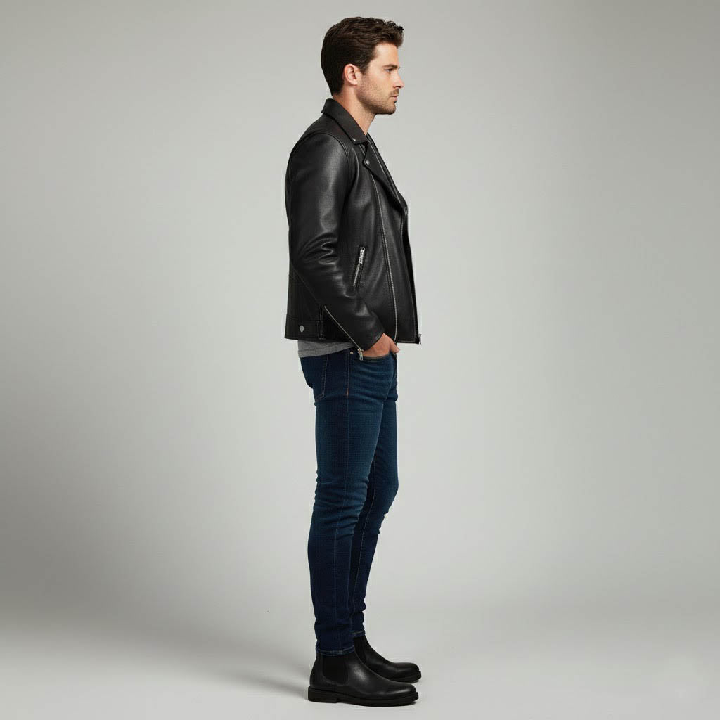 Men Black Faux Leather Motorcycle Jacket - Elvora Leather