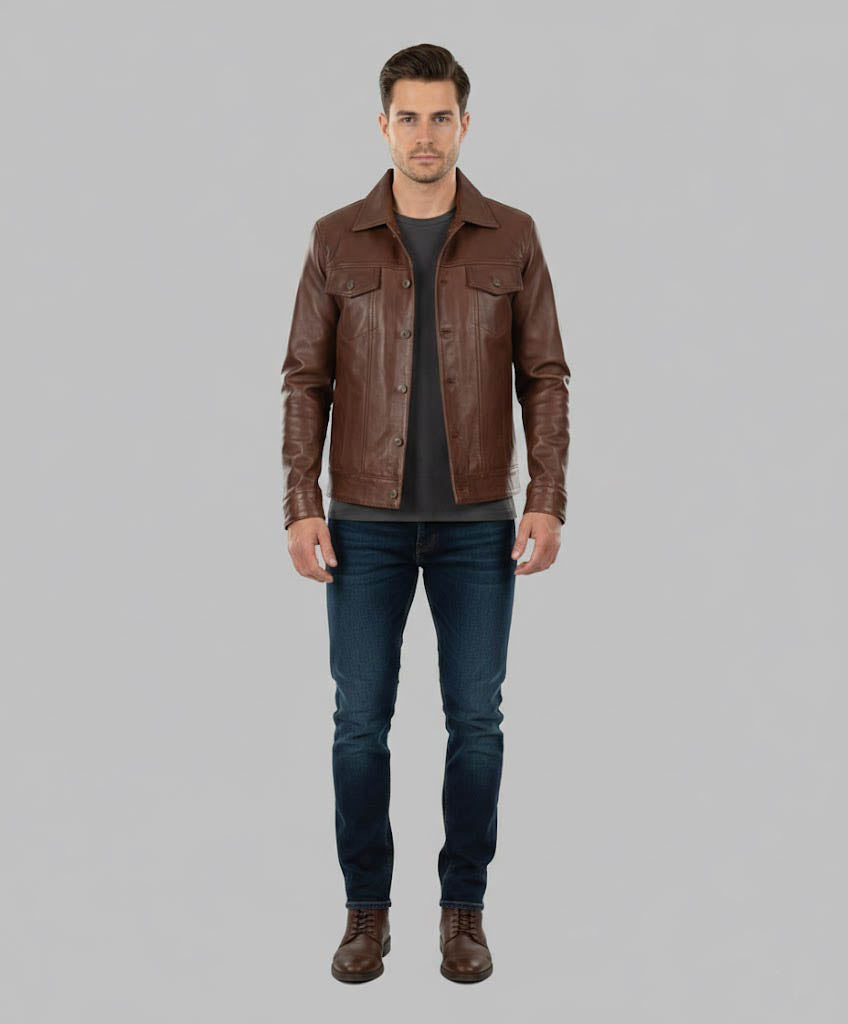 Men's Cognac Wax Harrington Leather Trucker Jacket - Elvora™