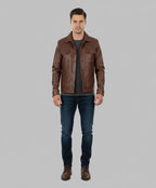 Men's Cognac Wax Harrington Leather Trucker Jacket - Front