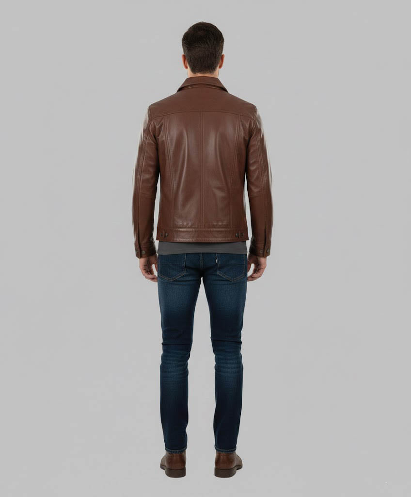 Men's Cognac Wax Harrington Leather Trucker Jacket - Elvora™