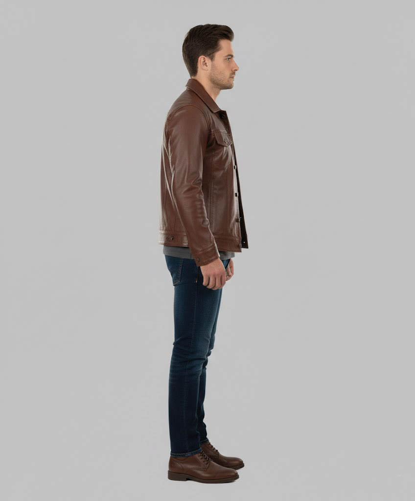 Men's Cognac Wax Harrington Leather Trucker Jacket - Elvora™