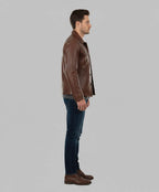 Men's Cognac Wax Harrington Leather Trucker Jacket - Left