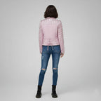 Women's Hot Pink Studded Motorcycle Leather Jacket - Back