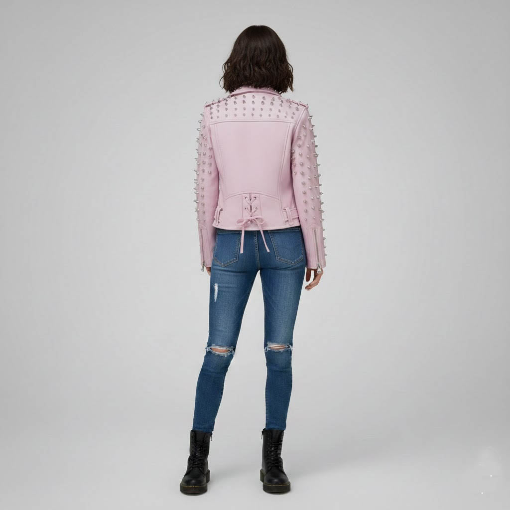 Women's Hot Pink Studded Motorcycle Leather Jacket - Back