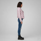 Women's Hot Pink Studded Motorcycle Leather Jacket - Left
