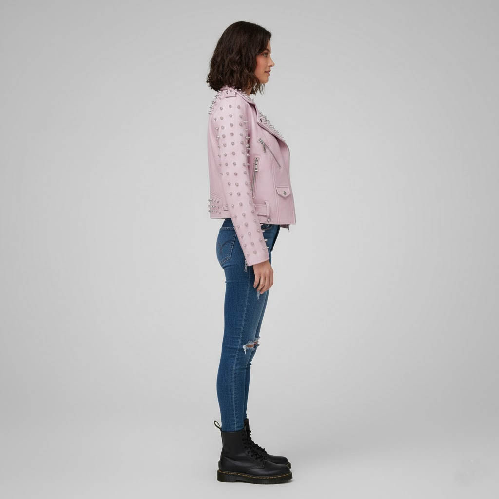 Women's Hot Pink Studded Motorcycle Leather Jacket - Left