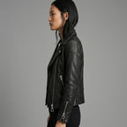Women's Black Sheepskin Leather Biker Jacket - Left