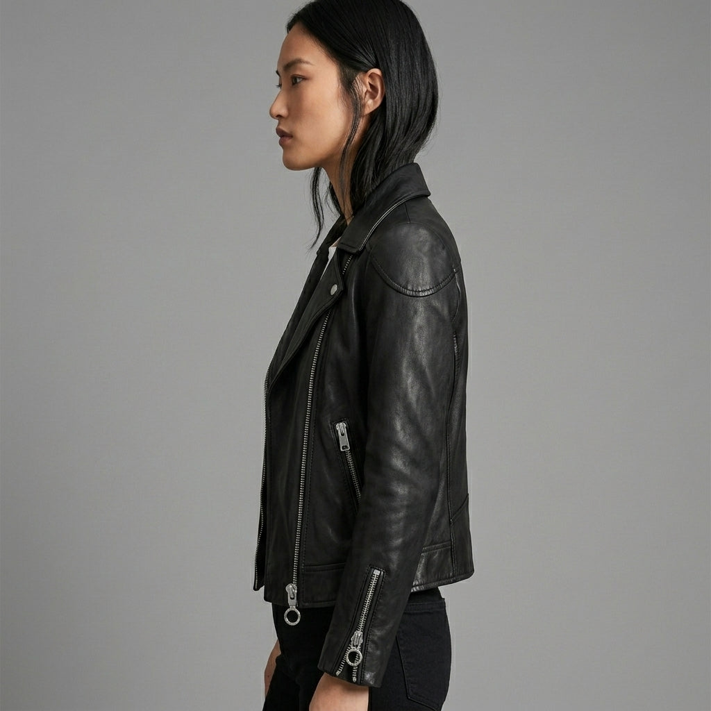 Women's Black Sheepskin Leather Biker Jacket - Left