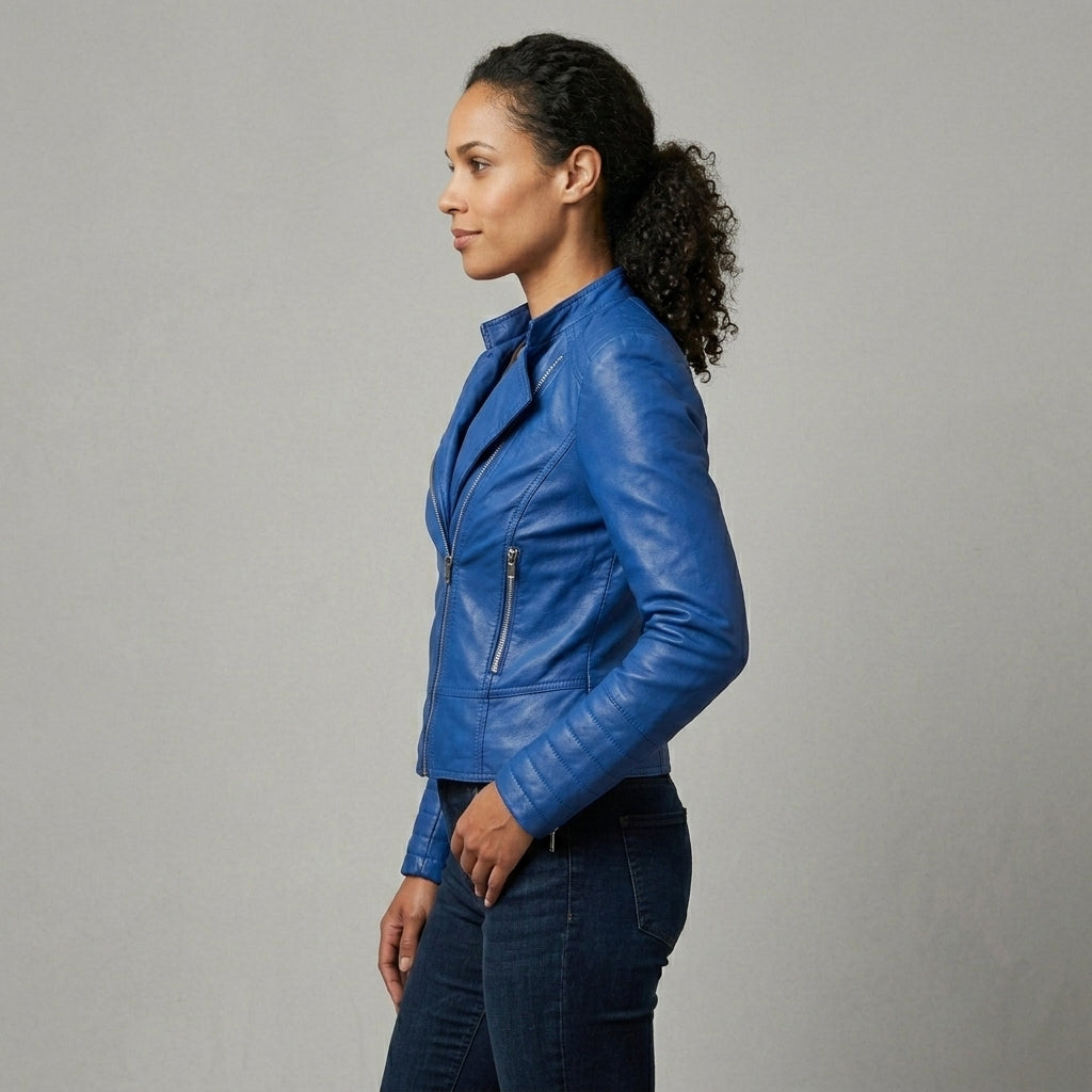 Women's Royal Blue Leather Jacket - Left