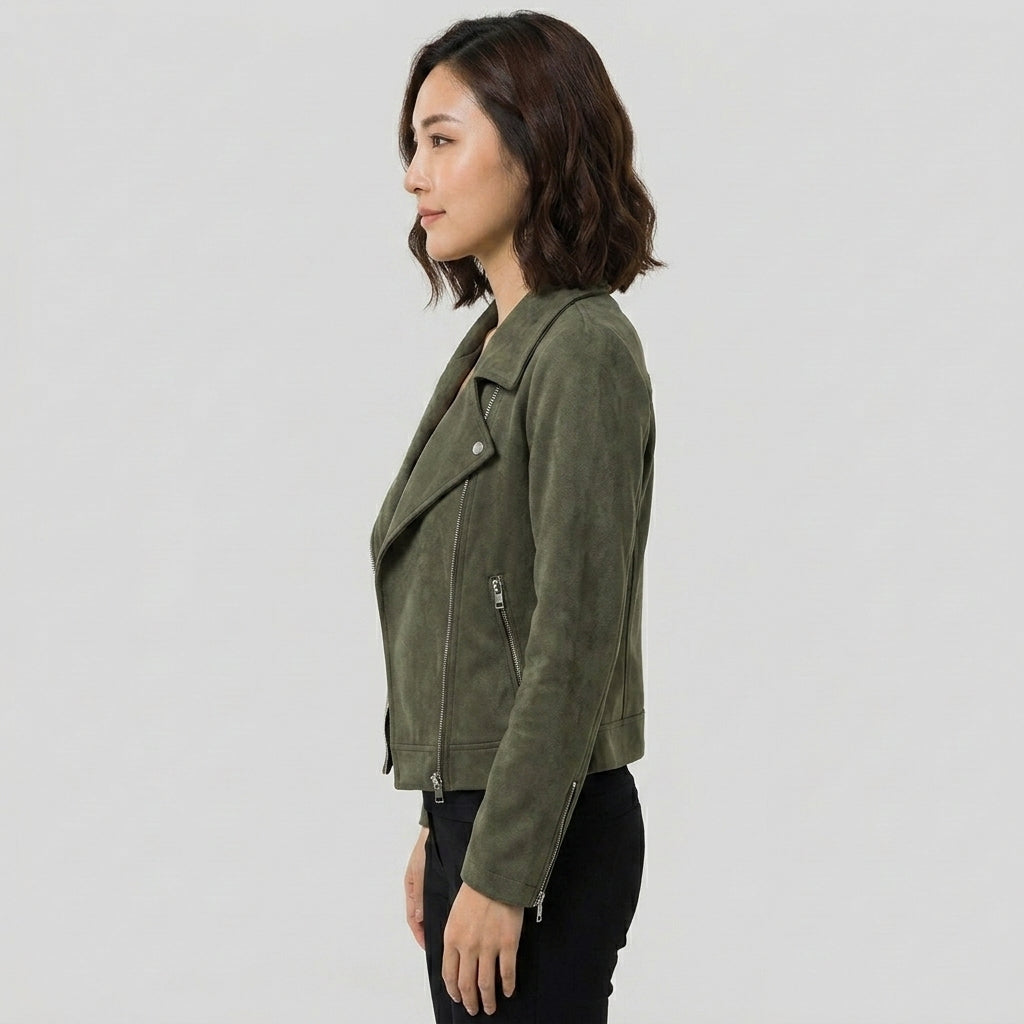 Women's Suede Biker Jacket With Convertible Collar - Left