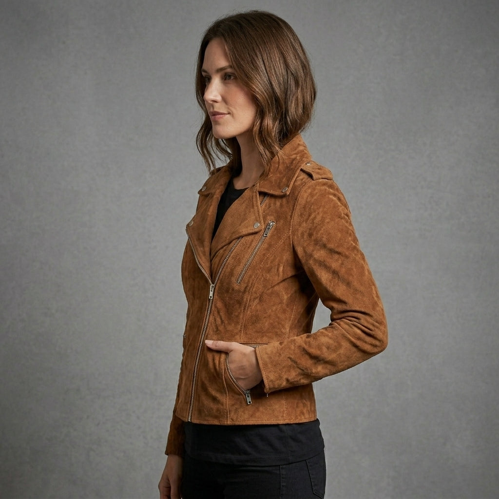 Women's Brown Suede Biker Jacket - Left