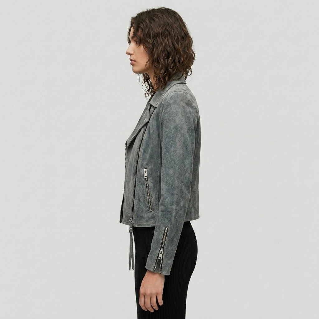 Women's Suede Leather Biker Jacket - Left