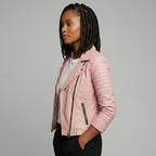 Women's Pink Leather Biker Jacket - Left