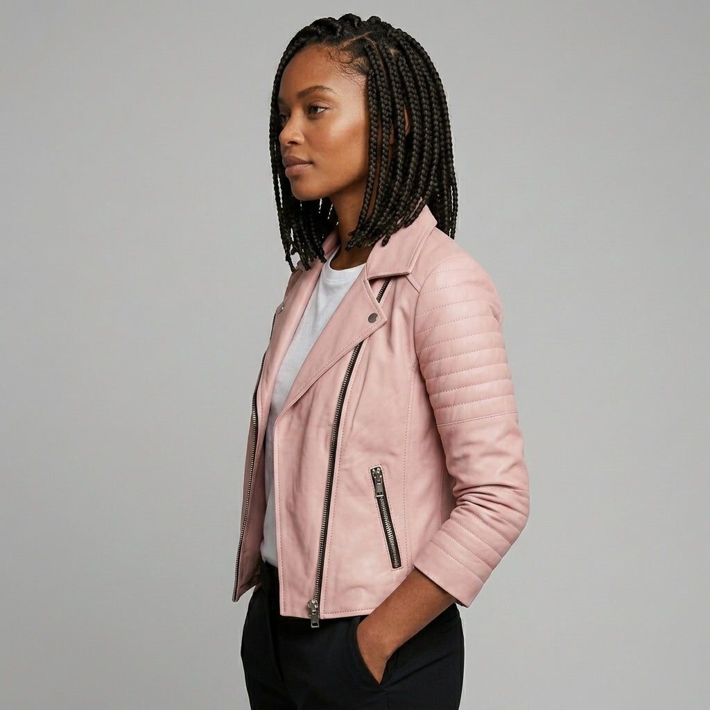 Women's Pink Leather Biker Jacket - Left