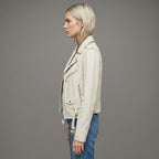 Women's Slim Cross Zip Leather Moto Jacket - Left