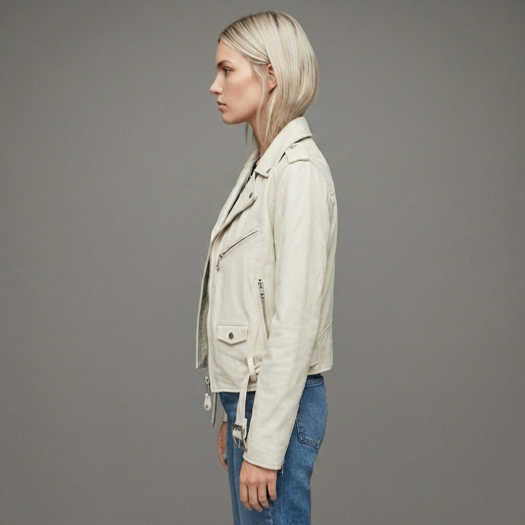 Women's Slim Cross Zip Leather Moto Jacket - Left