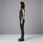 Women's Stylish Black Leather Jumpsuit - Left