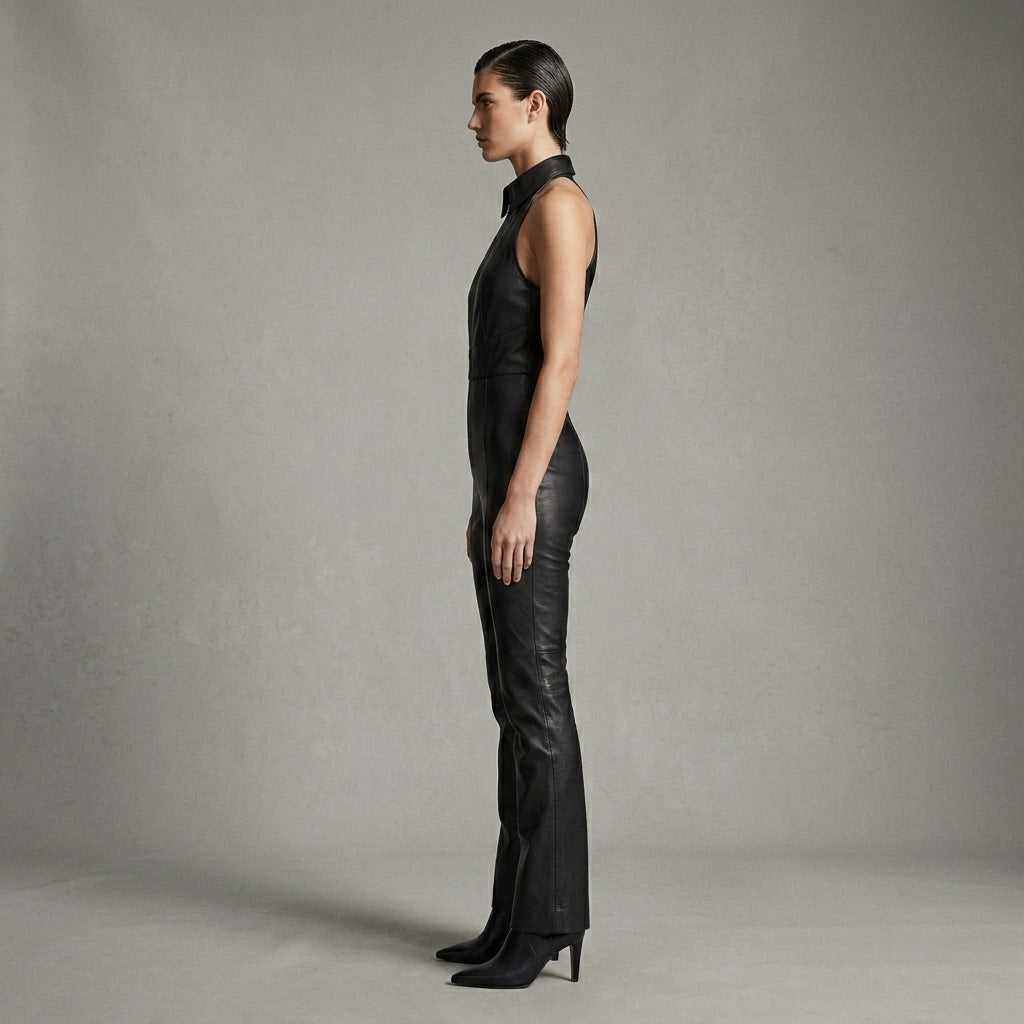 Women's Black Leather Jumpsuits - Left