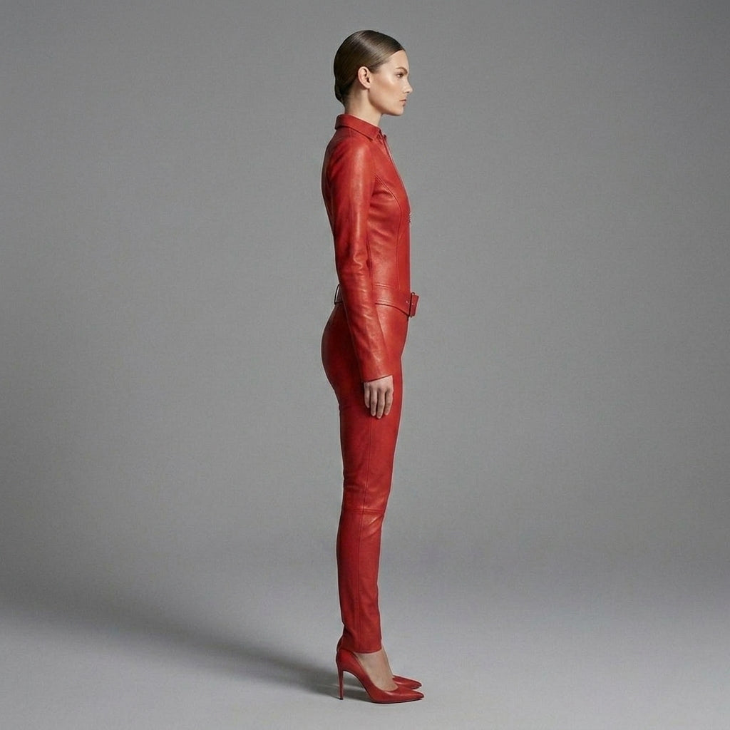 Women's Red Leather Jumpsuit - Left