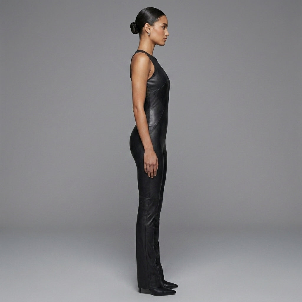 Women's Black Sexy Leather Jumpsuit - Left