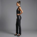 Women's V-Neck Leather Jumpsuit - Left