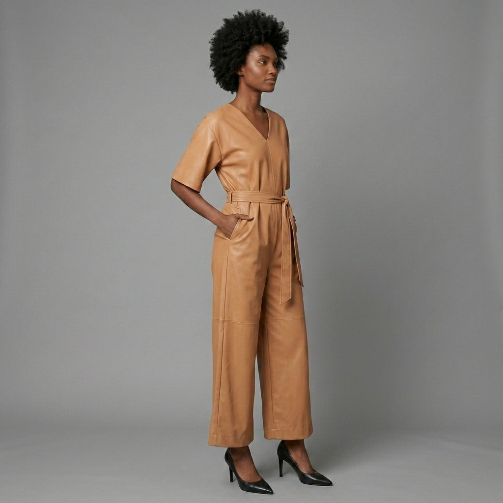 Women's Brown Leather Jumpsuit - Left