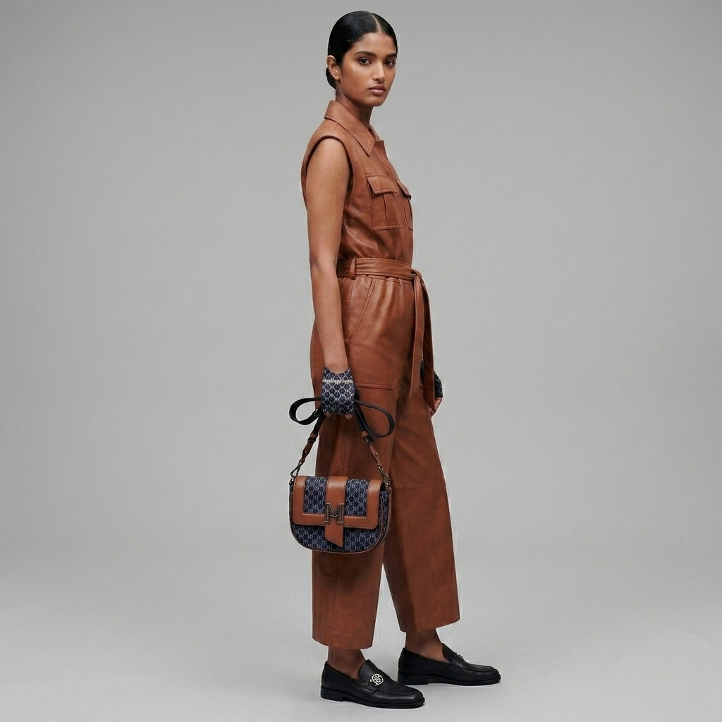 Women's Brown Utility Leather Jumpsuit - Left