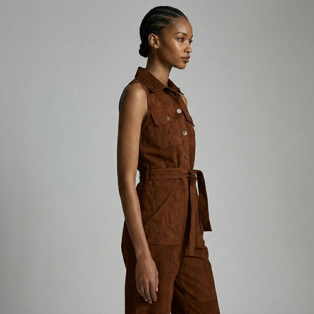 Women's Brown Leather Romper - Left