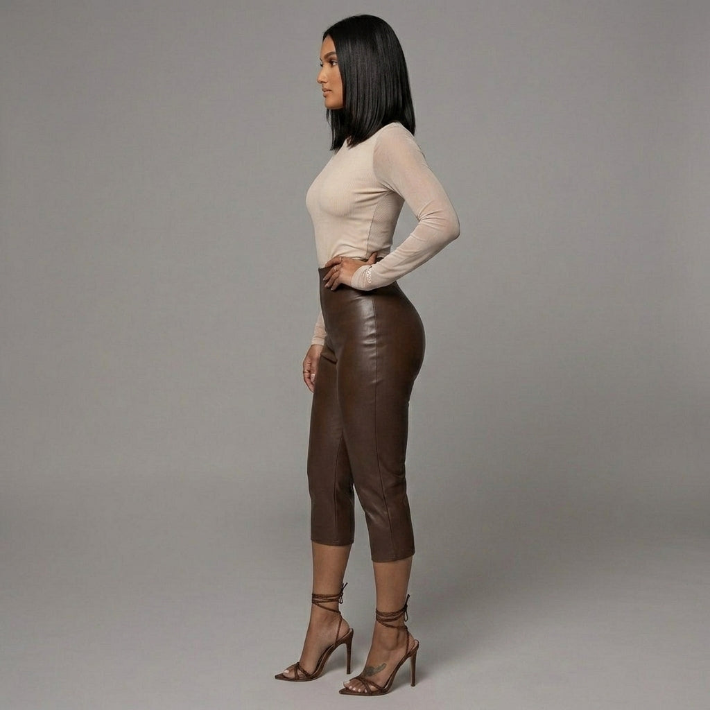 Women's Brown Leather Capris - Left