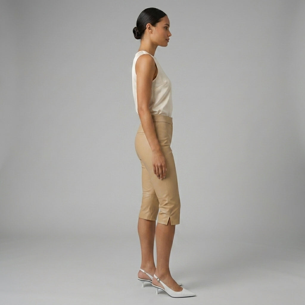Women's Beige PU Leather Capri Pants - Left