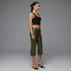 Women's Olive PU Leather Flared Capri Pants - Left