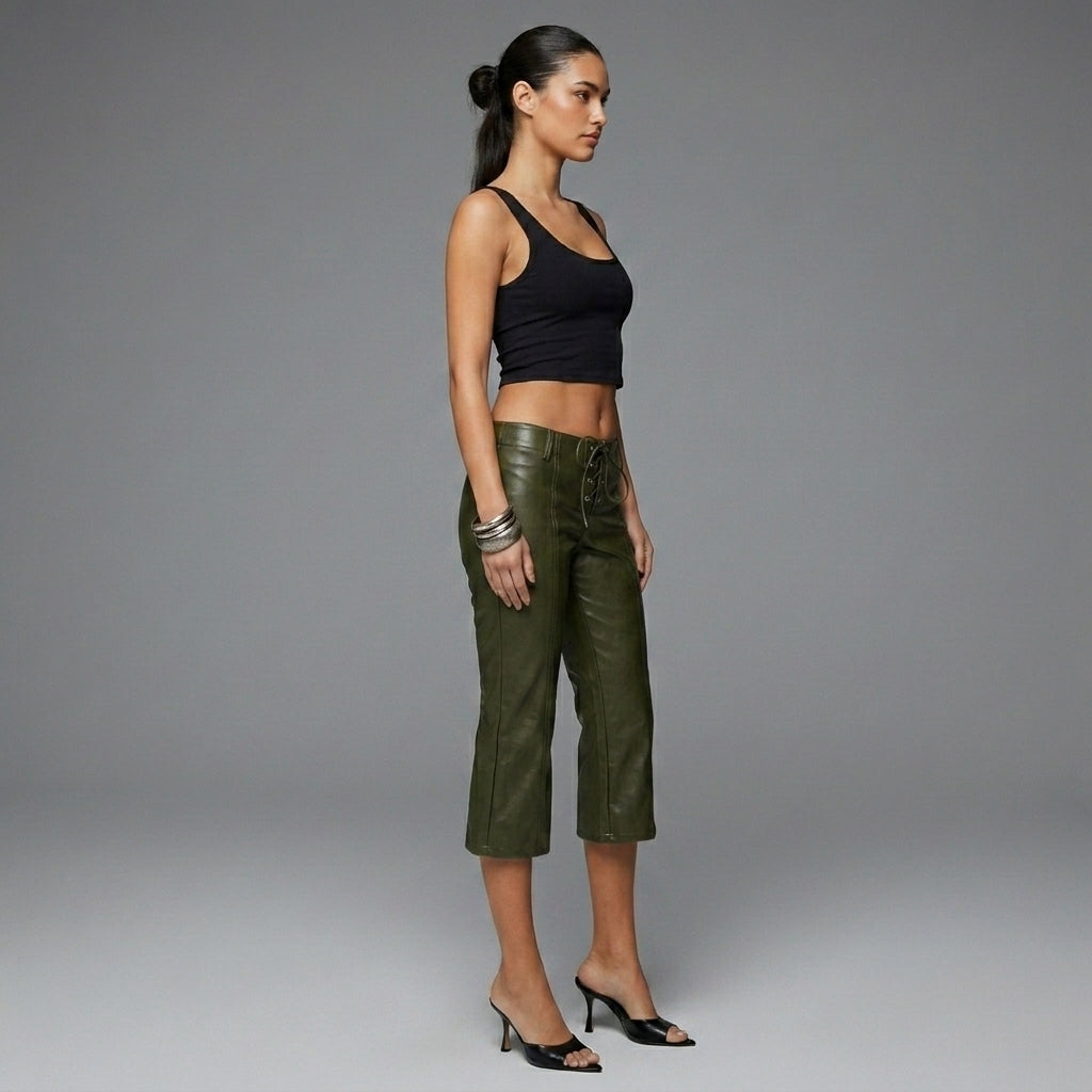 Women's Olive PU Leather Flared Capri Pants - Left