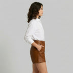 Women's Vegan Leather High Waist A-Line Shorts - Left