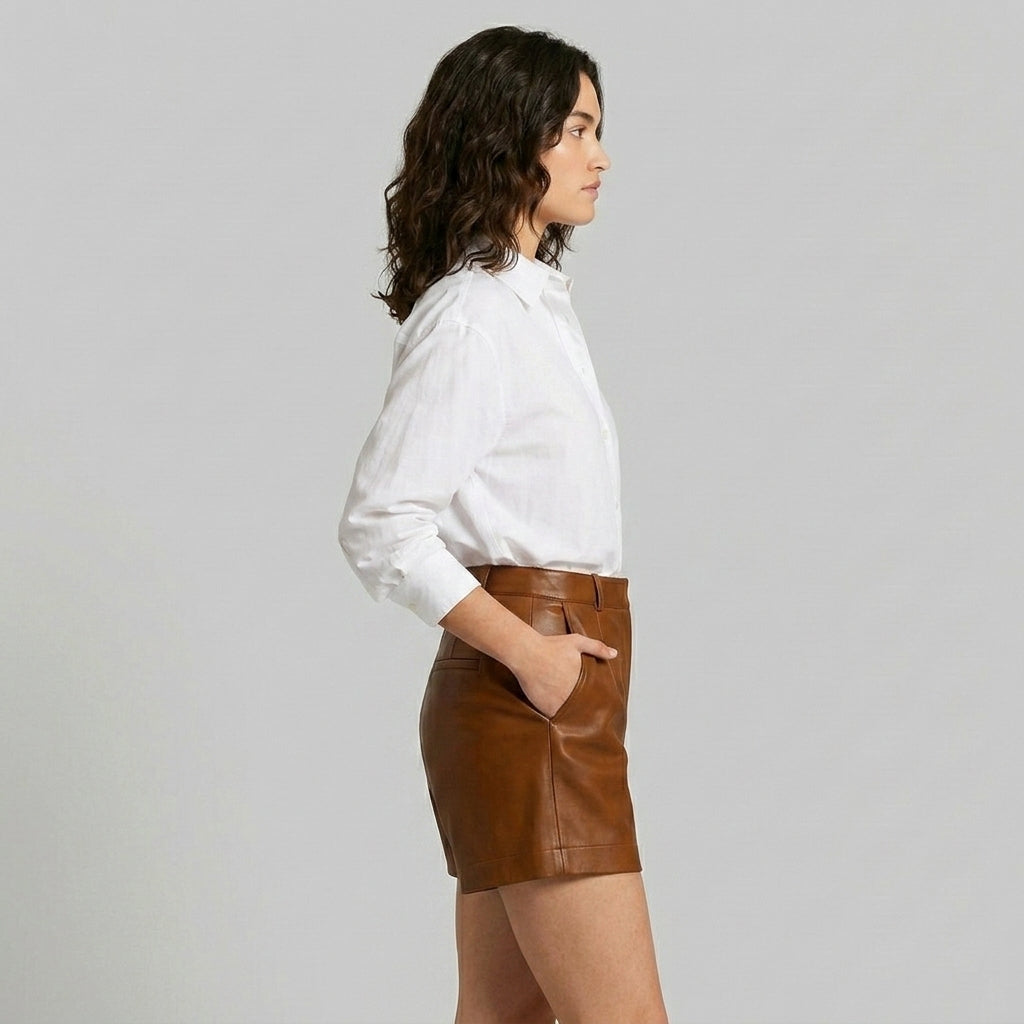 Women's Vegan Leather High Waist A-Line Shorts - Left