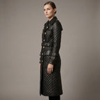 Women's Quilted Genuine Leather Trench Coat - Left