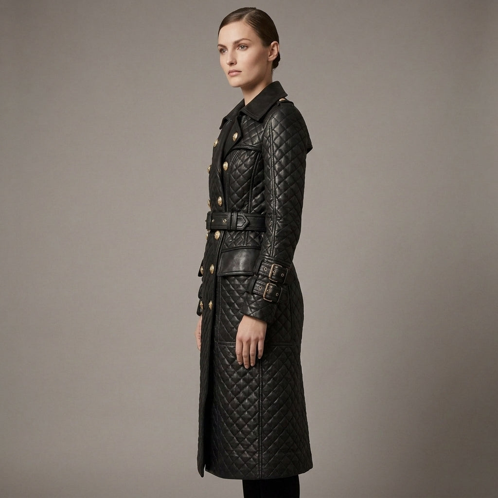 Women's Quilted Genuine Leather Trench Coat - Left