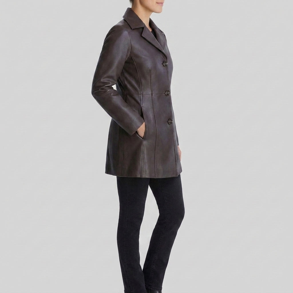 Petite Button Down Leather Coat - Left