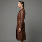 Women's Vintage Chocolate Brown Leather Trench Coat - Left