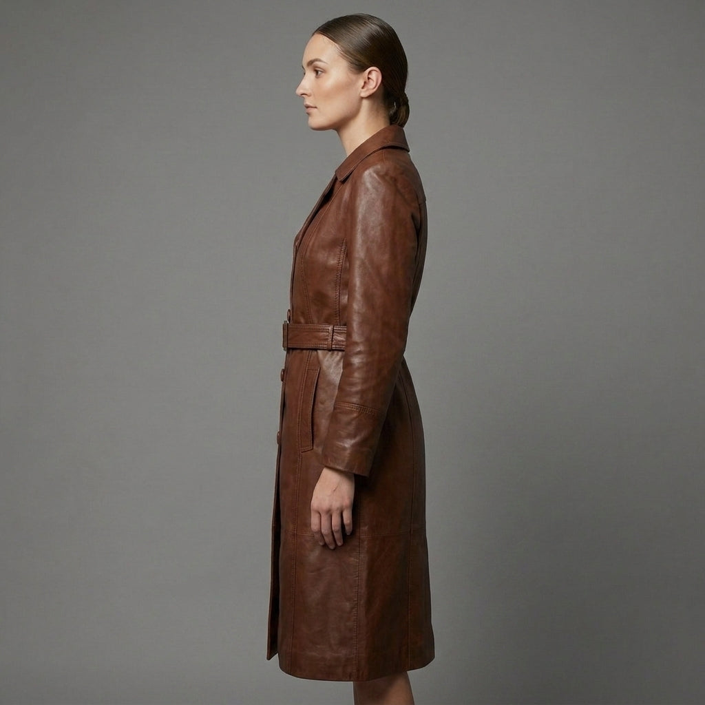 Women's Vintage Chocolate Brown Leather Trench Coat - Left