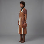 Women's Leather Long Coat Patchwork Tan Brown Cream - Left