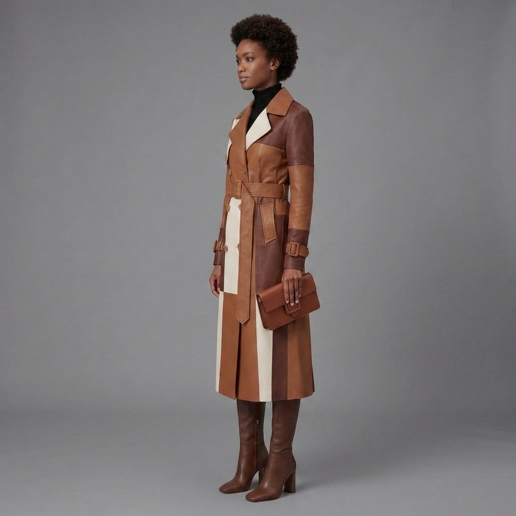 Women's Leather Long Coat Patchwork Tan Brown Cream - Left
